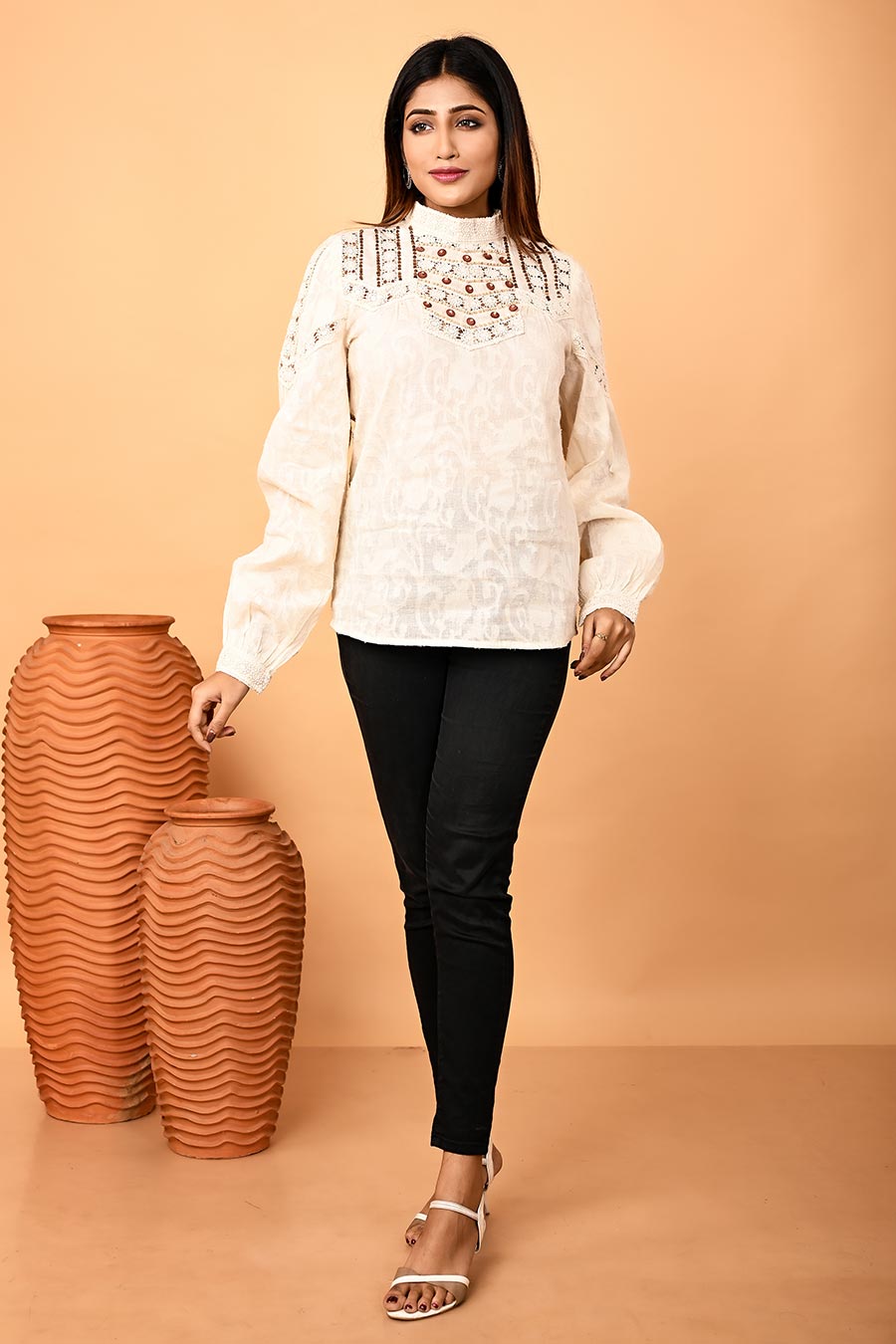 Ivory Wooden Beads Hand-Embroidered Top