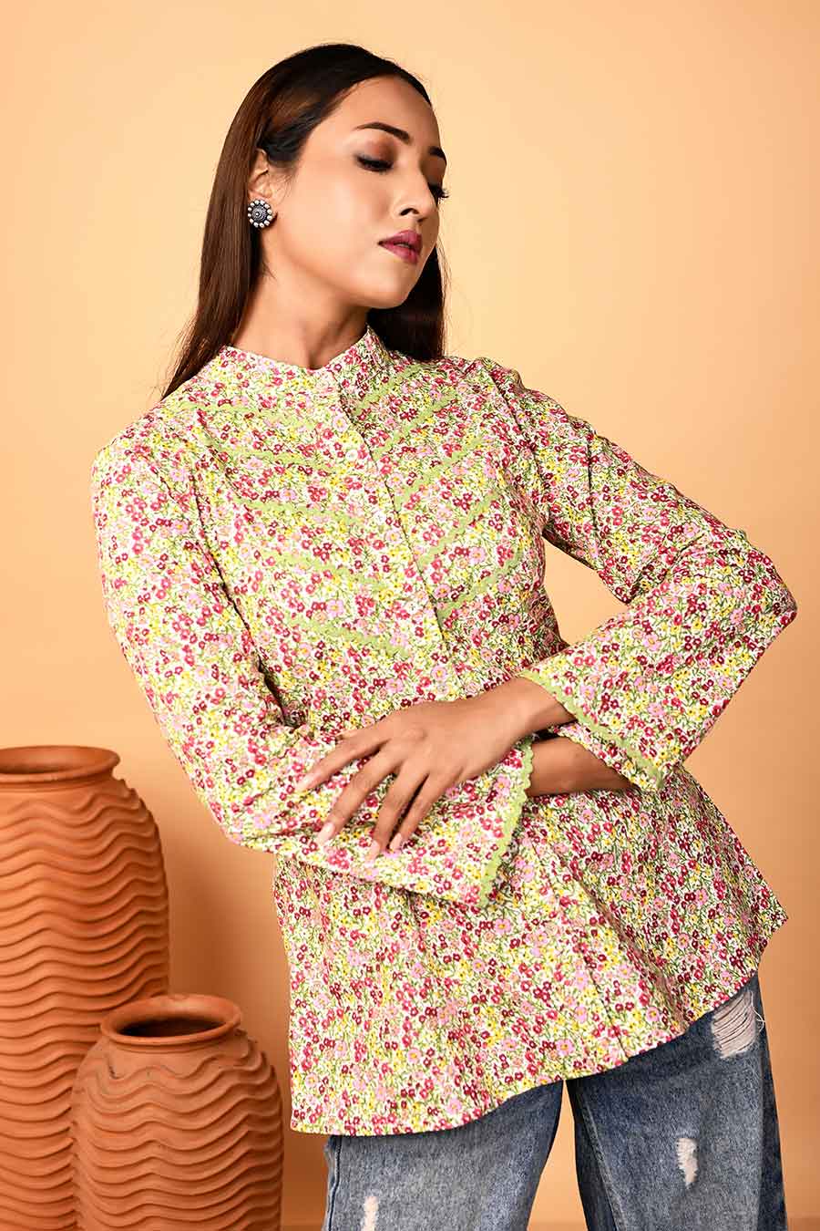 Multicolour Printed Lace Detailing Shirt