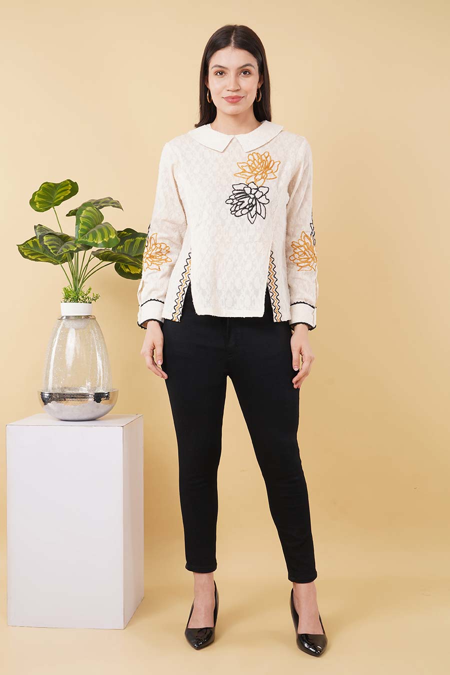 Ivory Embroidered Button-Down Style Top