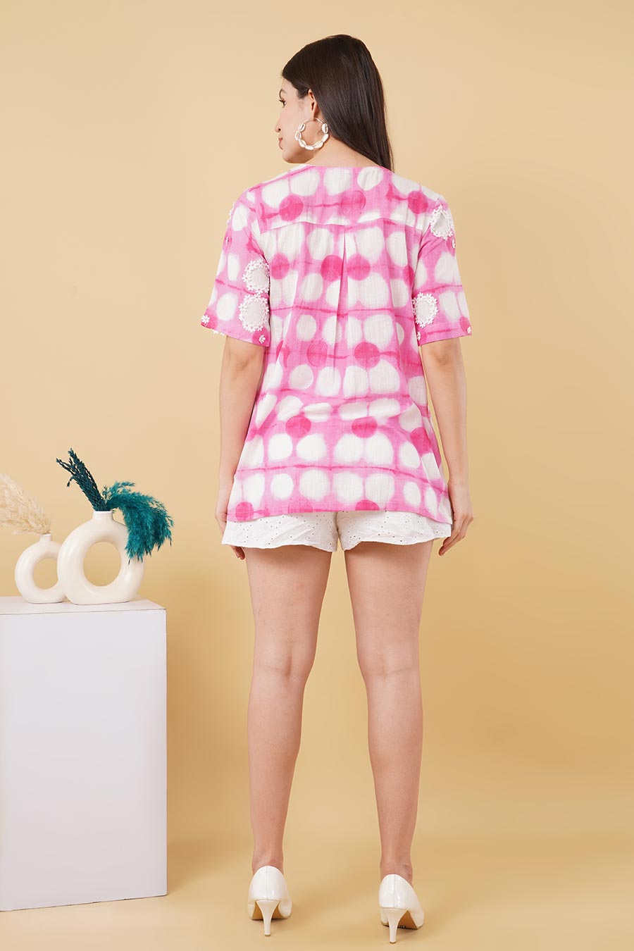 Pink Printed Crosia Lace Detailing Top