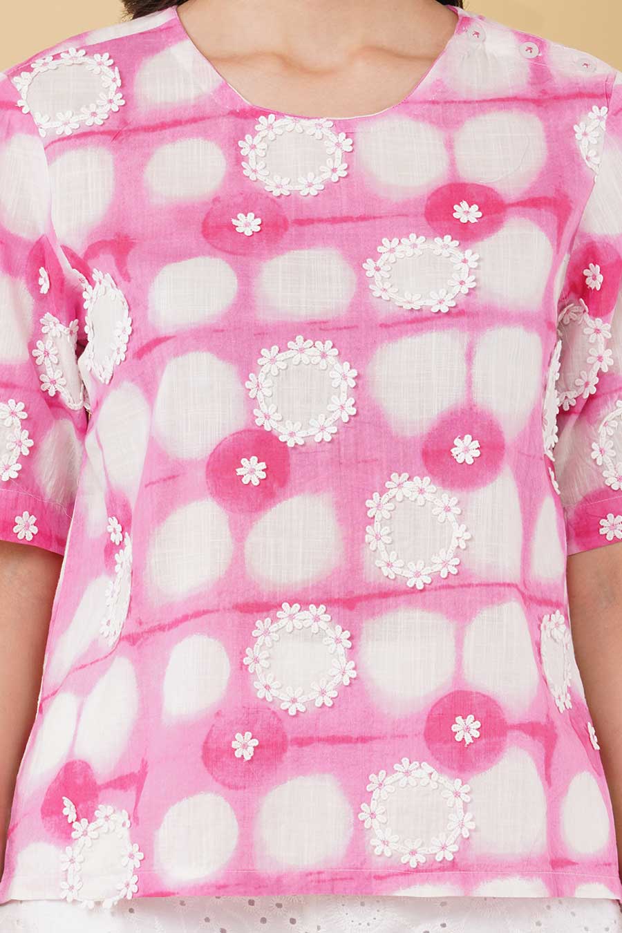 Pink Printed Crosia Lace Detailing Top