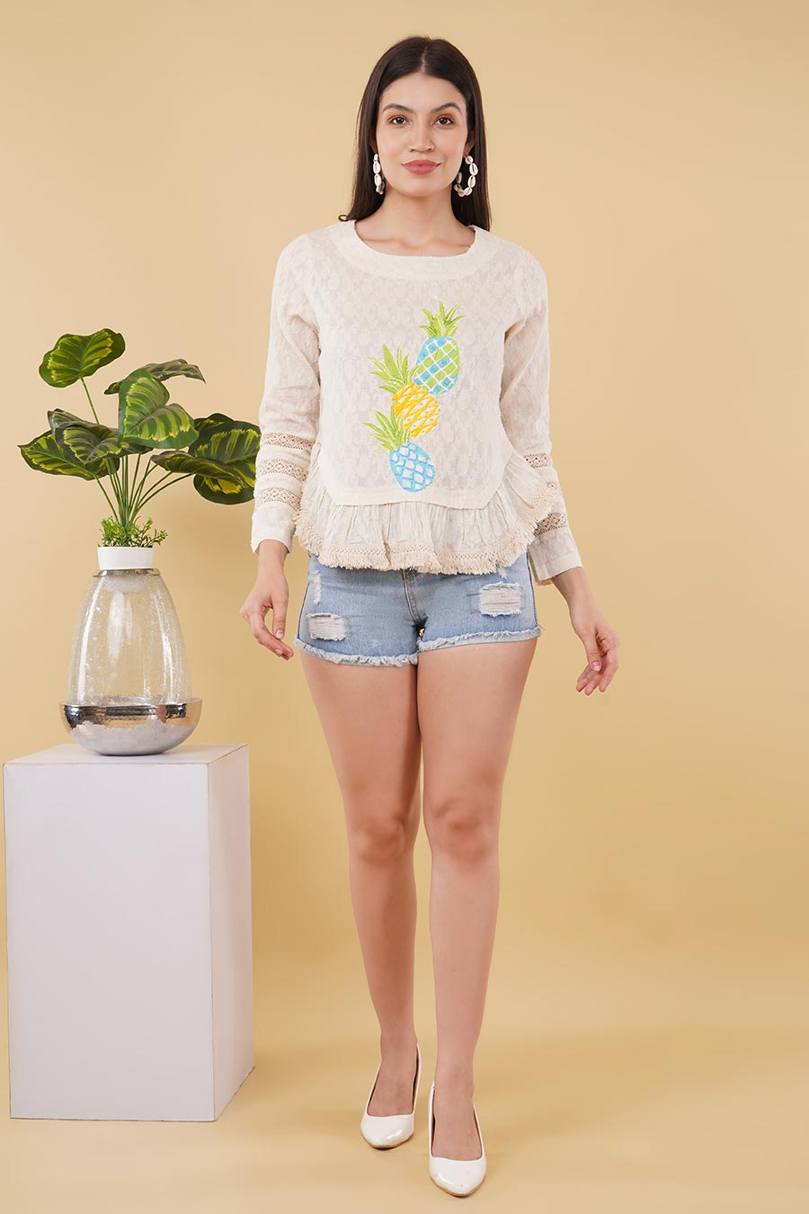 Ivory Applique & Hand-Embroidered Top