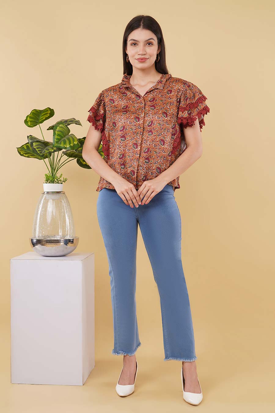 Brown Printed Lace Detailing Shirt