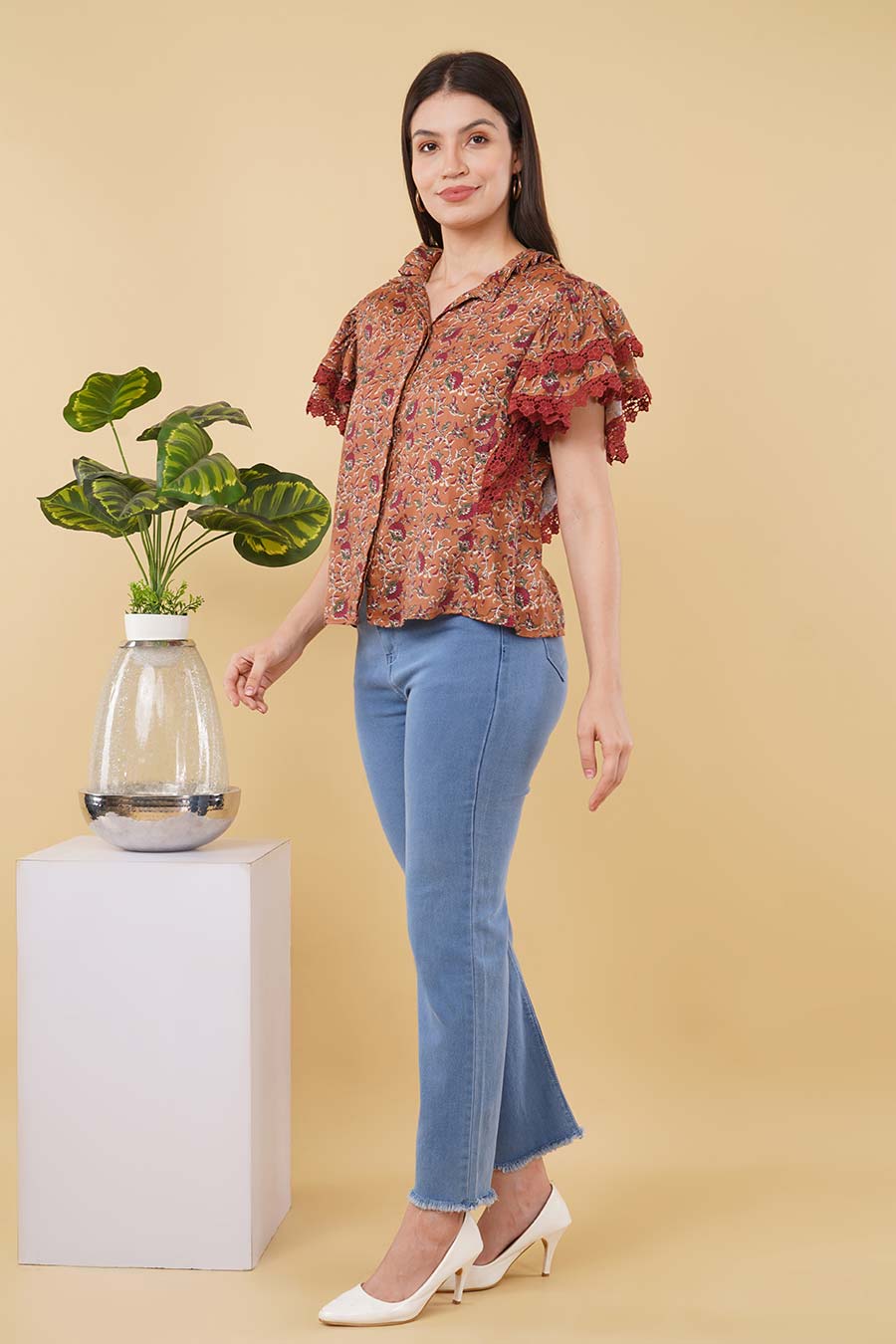 Brown Printed Lace Detailing Shirt