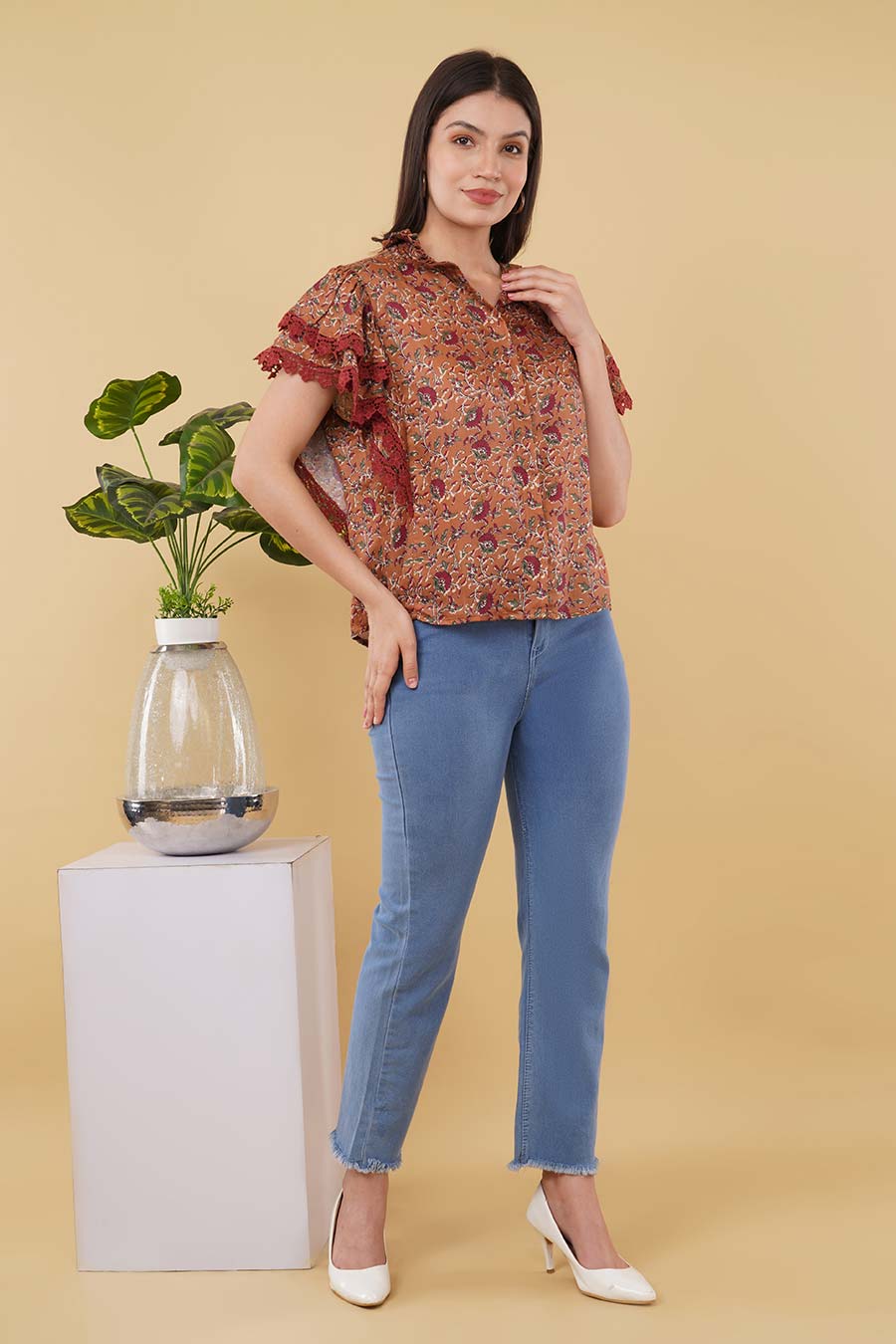 Brown Printed Lace Detailing Shirt