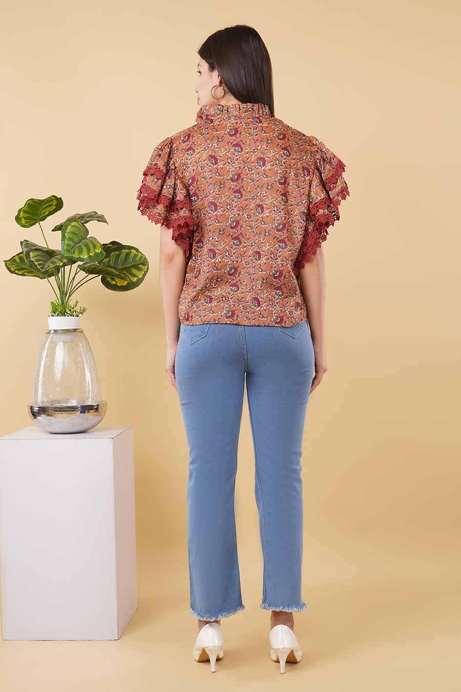 Brown Printed Lace Detailing Shirt