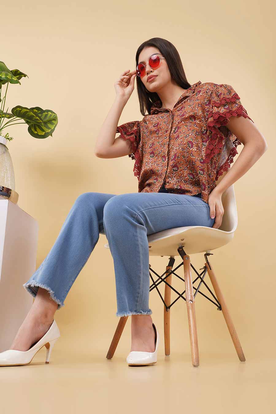 Brown Printed Lace Detailing Shirt