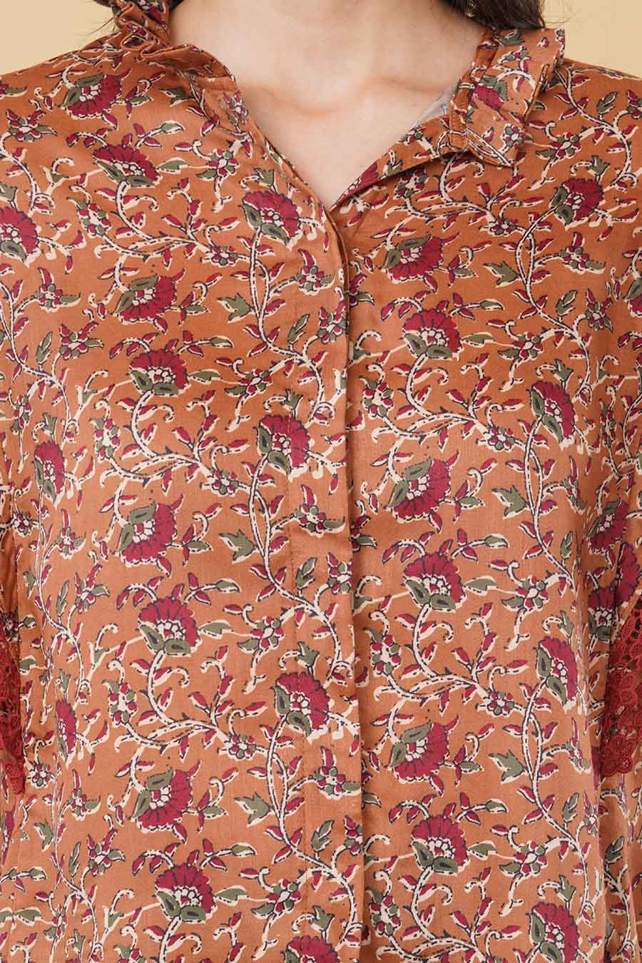 Brown Printed Lace Detailing Shirt