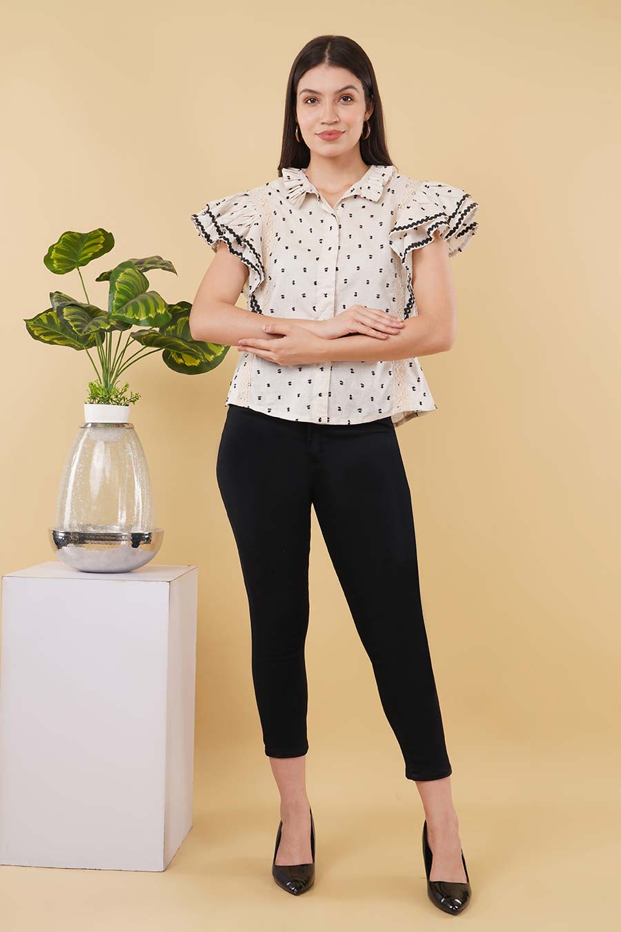 Ivory Linen Dobby Frill Shirt