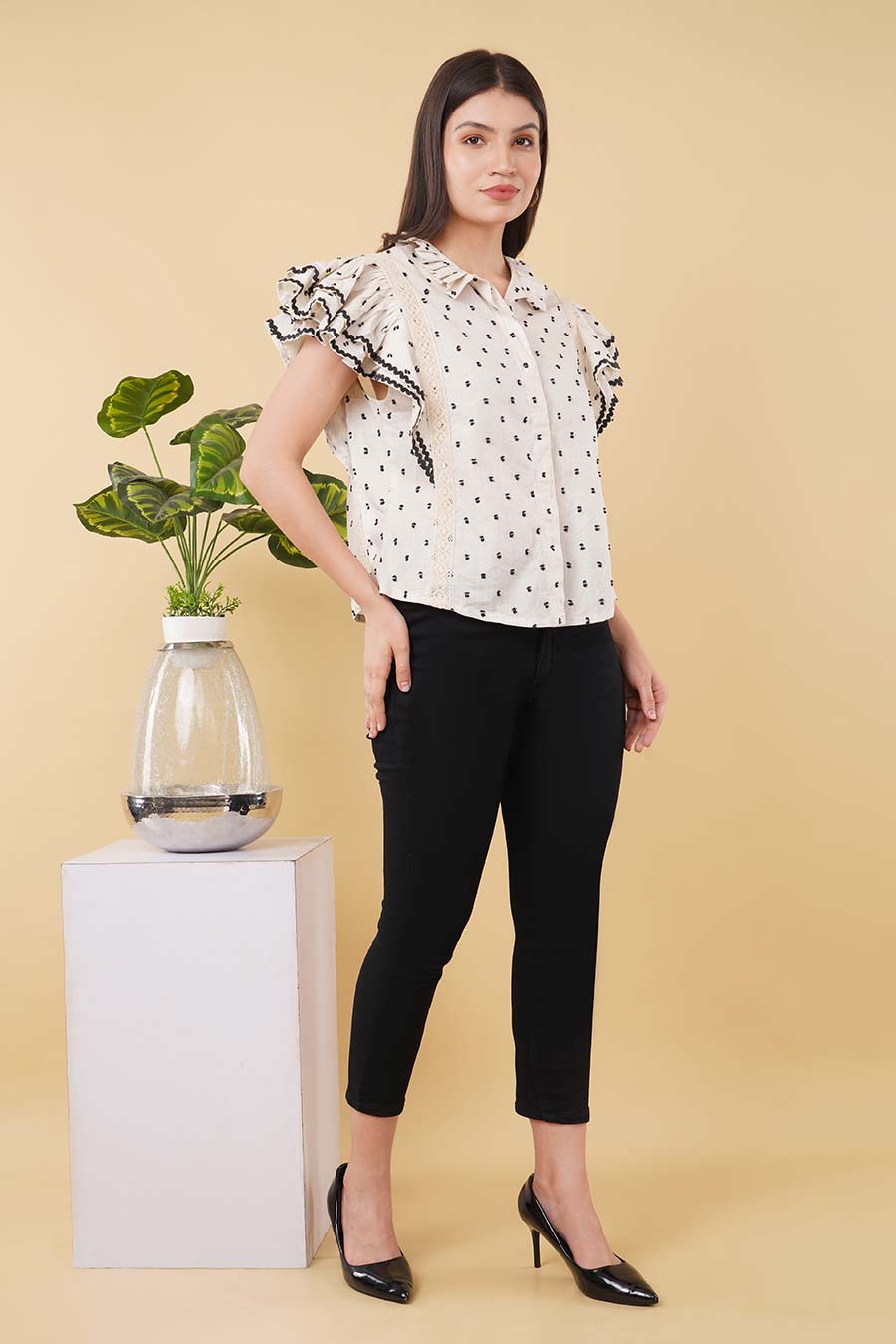 Ivory Linen Dobby Frill Shirt