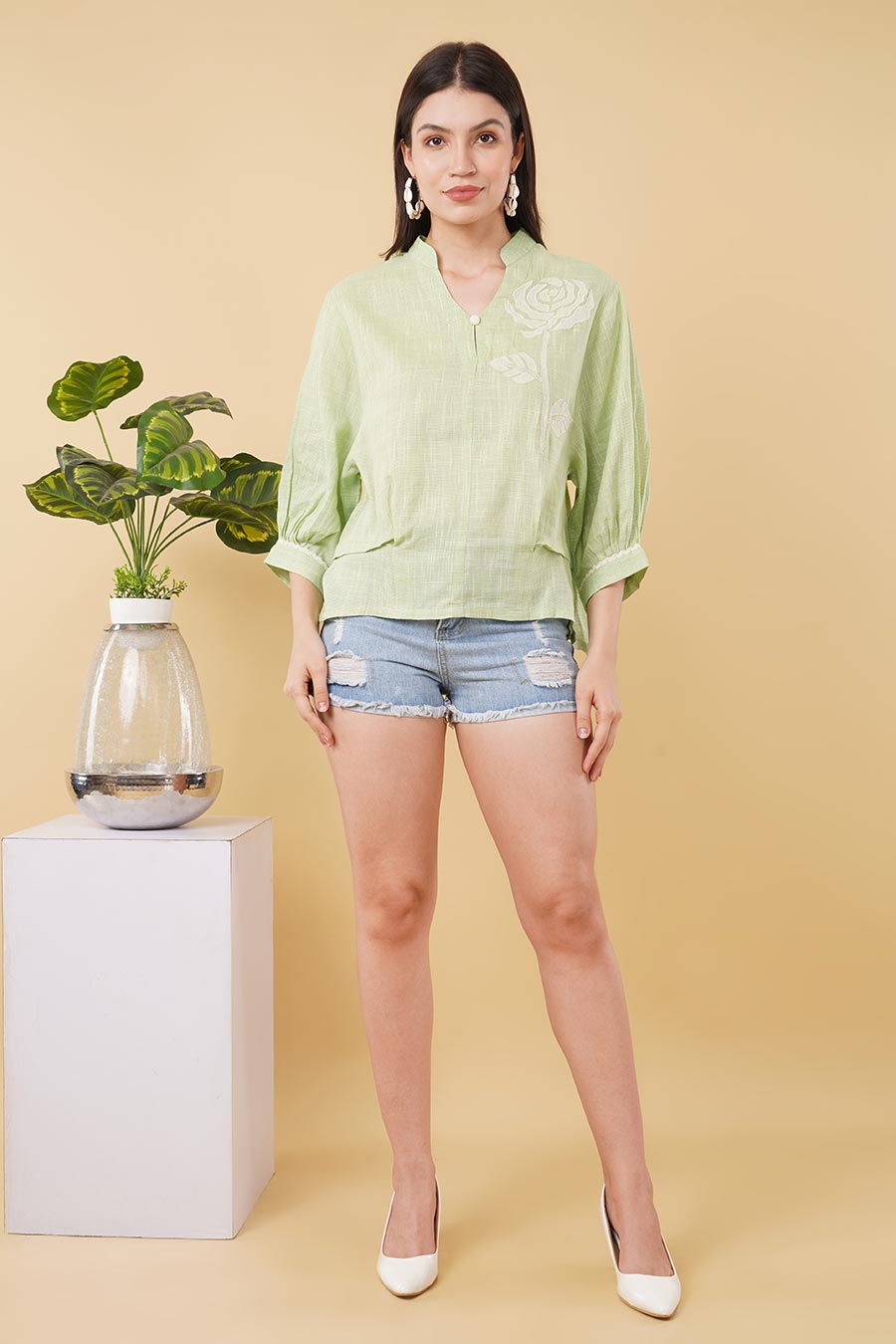 Green Handloom-Cotton Embroidered Top
