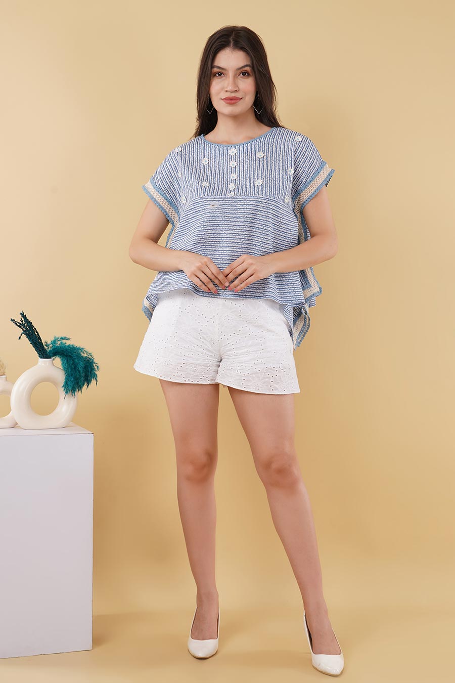 Blue Crosia Lace Kaftan Top