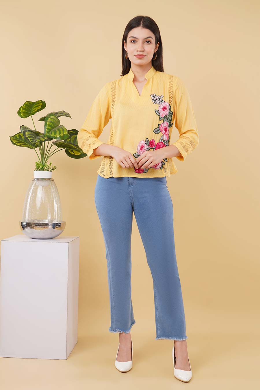 Yellow Embroidered Lace Detailing Top
