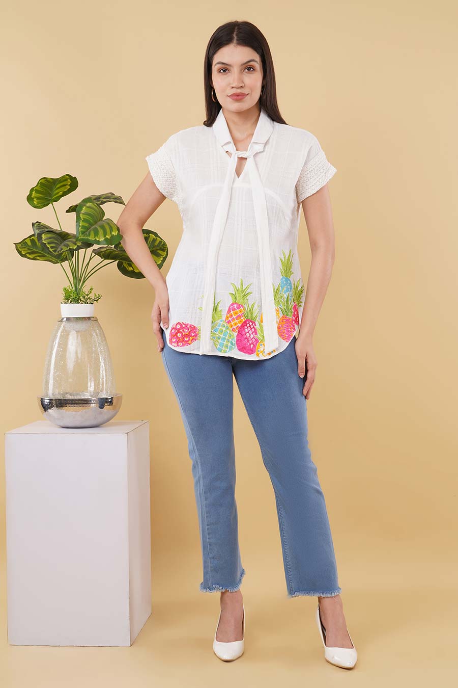 White Embroidered Knot-Neck Top