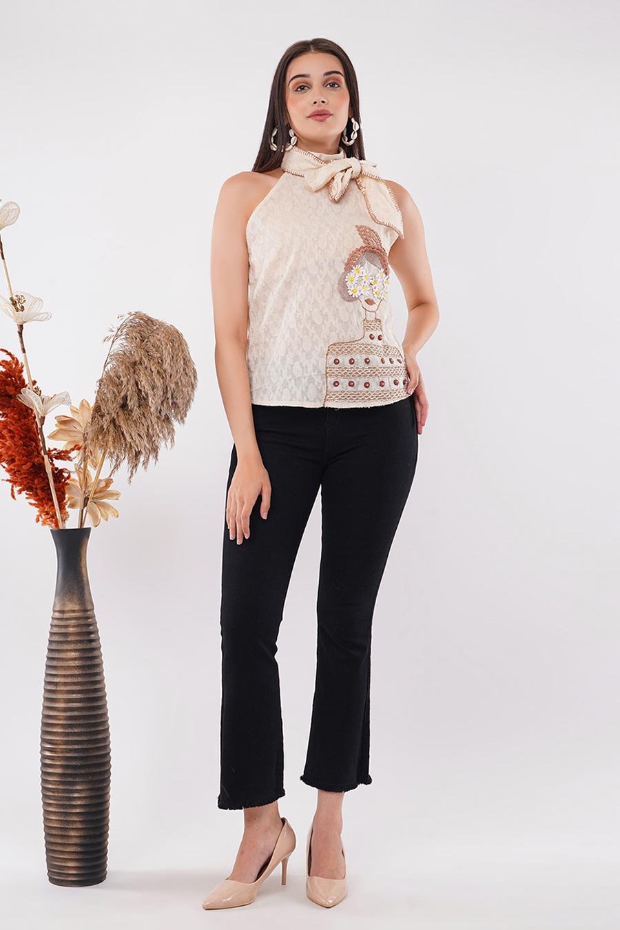 Ivory Hand-Embroidered Halter Top