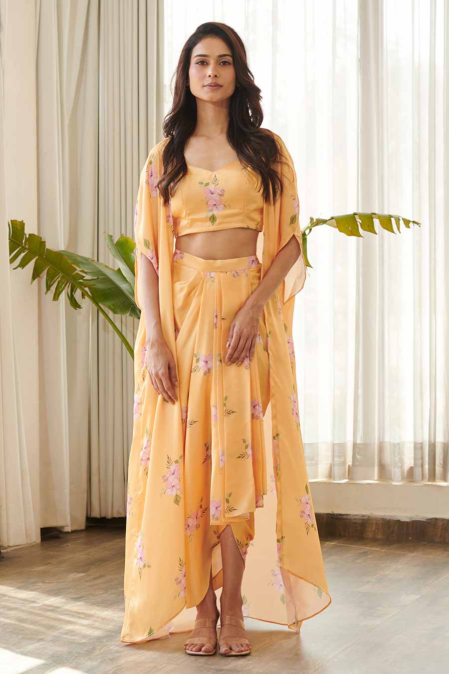 Yellow Floral Print Bralette & Skirt Set With Cape
