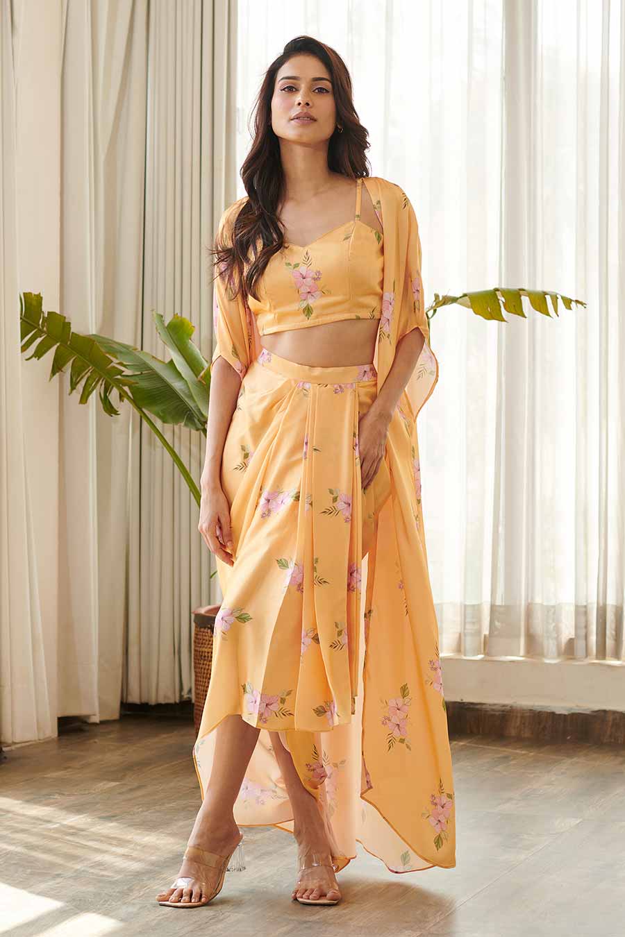 Yellow Floral Print Bralette & Skirt Set With Cape
