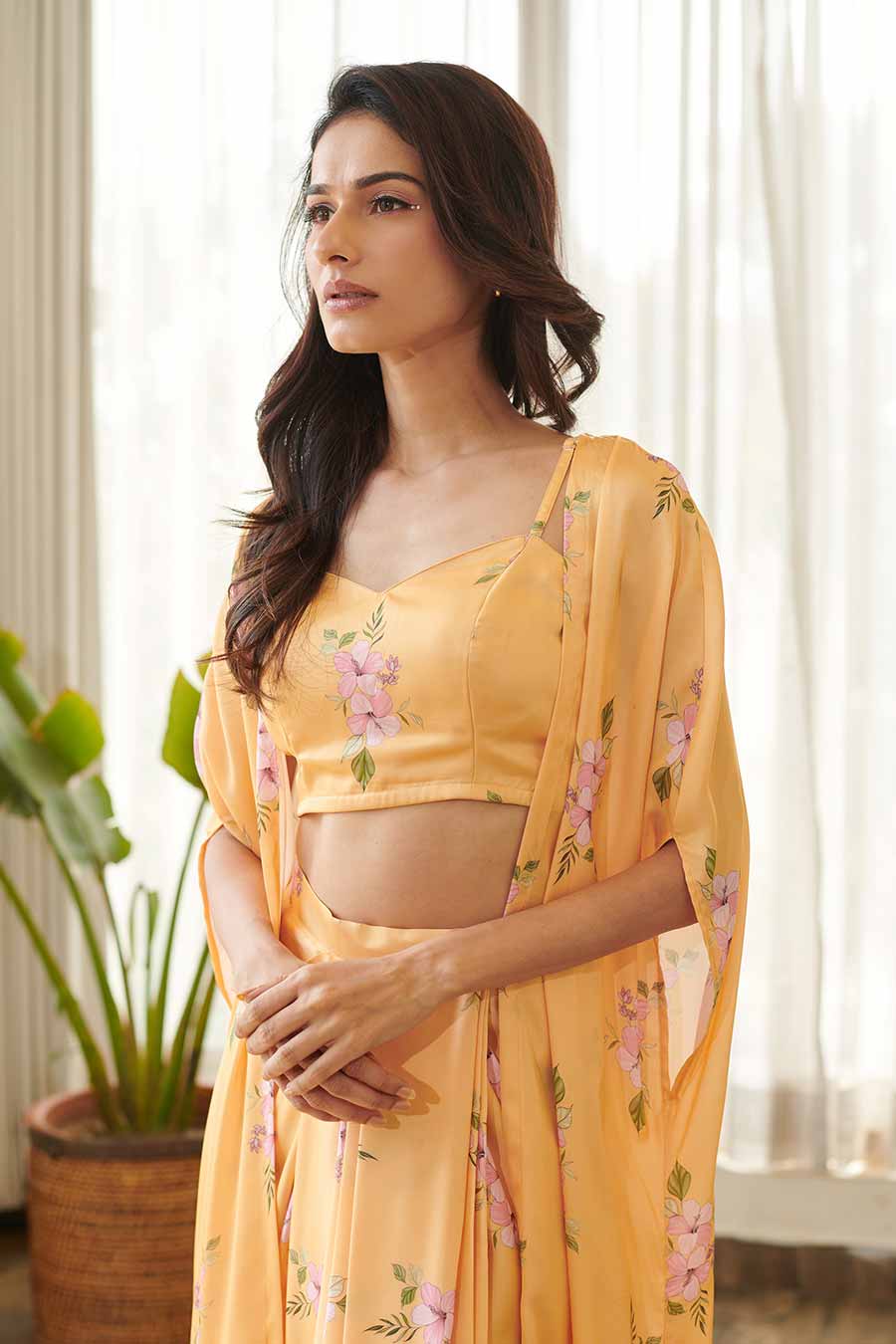 Yellow Floral Print Bralette & Skirt Set With Cape