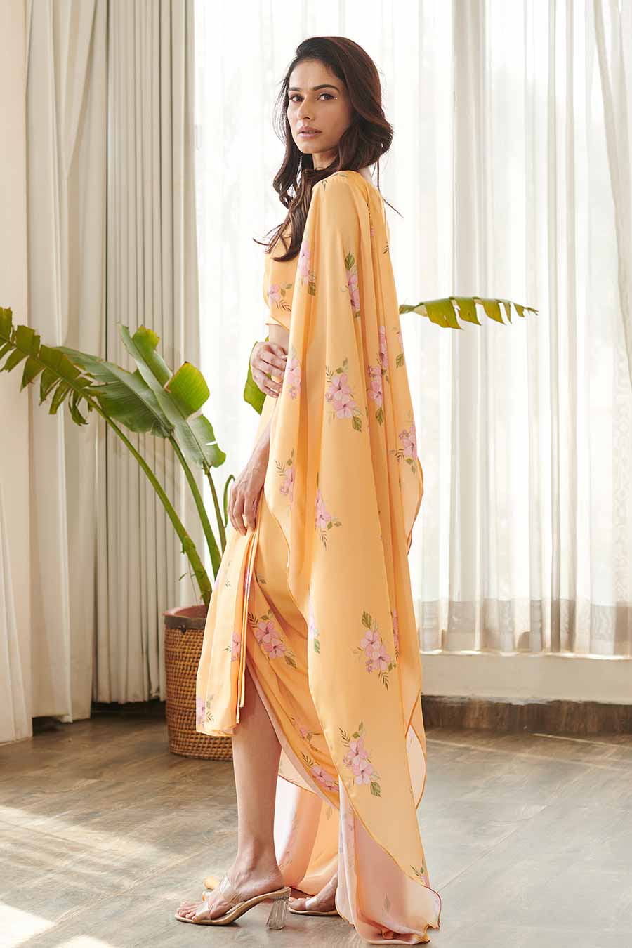 Yellow Floral Print Cape Top & Skirt Set
