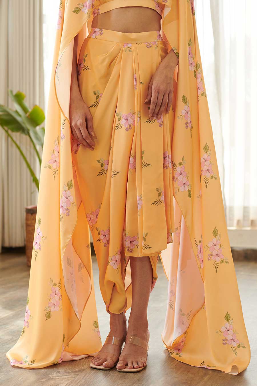 Yellow Floral Print Cape Top & Skirt Set