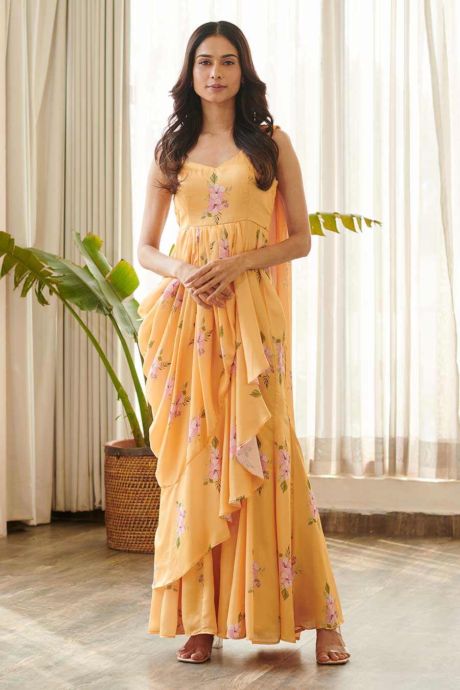 Yellow Floral Print Ruffle Saree Dress