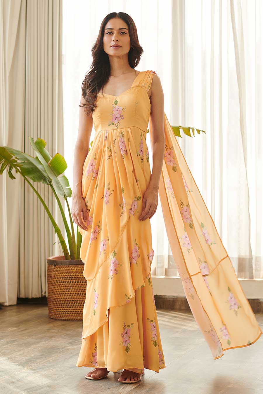 Yellow Floral Print Ruffle Saree Dress