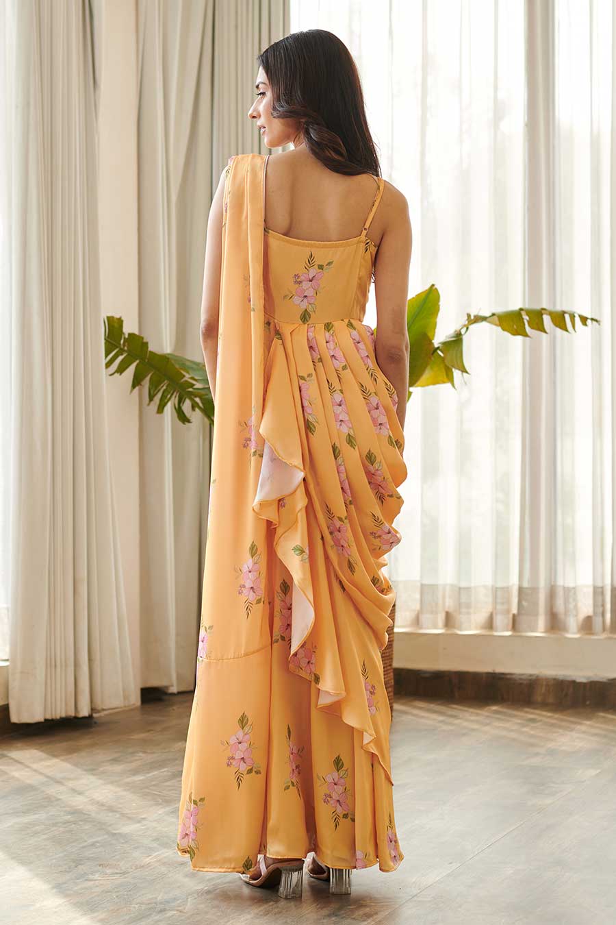 Yellow Floral Print Ruffle Saree Dress