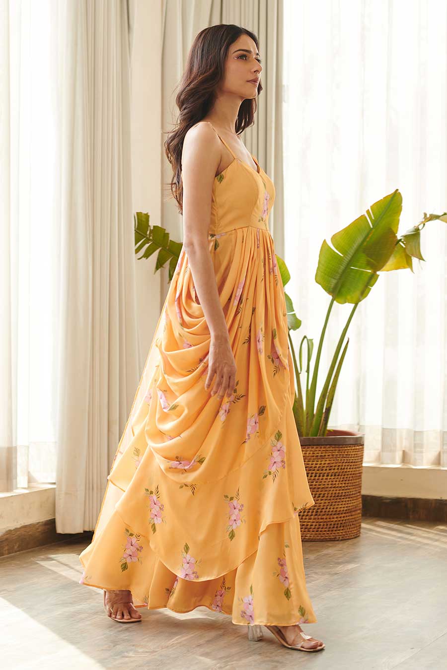 Yellow Floral Print Ruffle Saree Dress