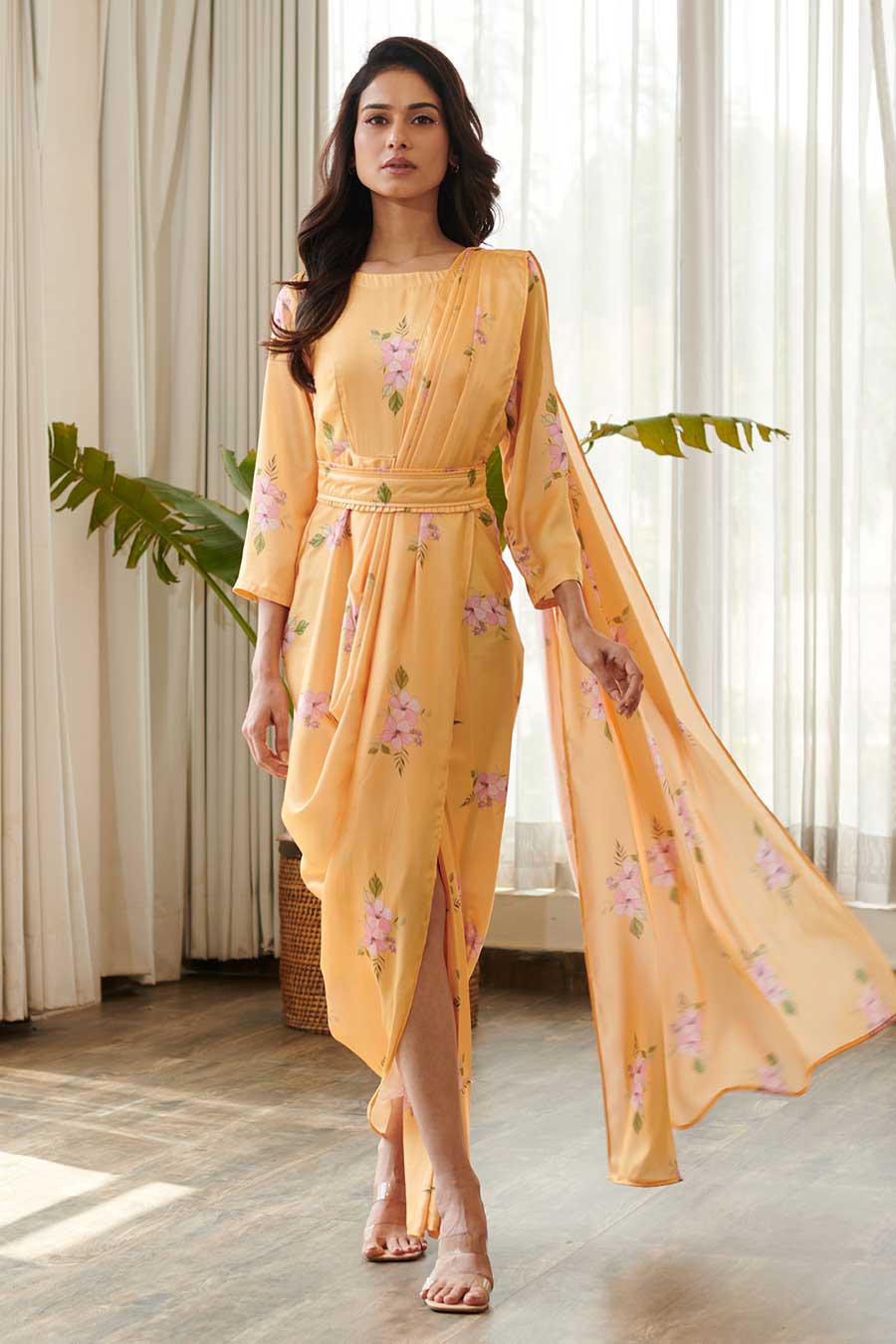 Yellow Floral Print Draped Saree Dress
