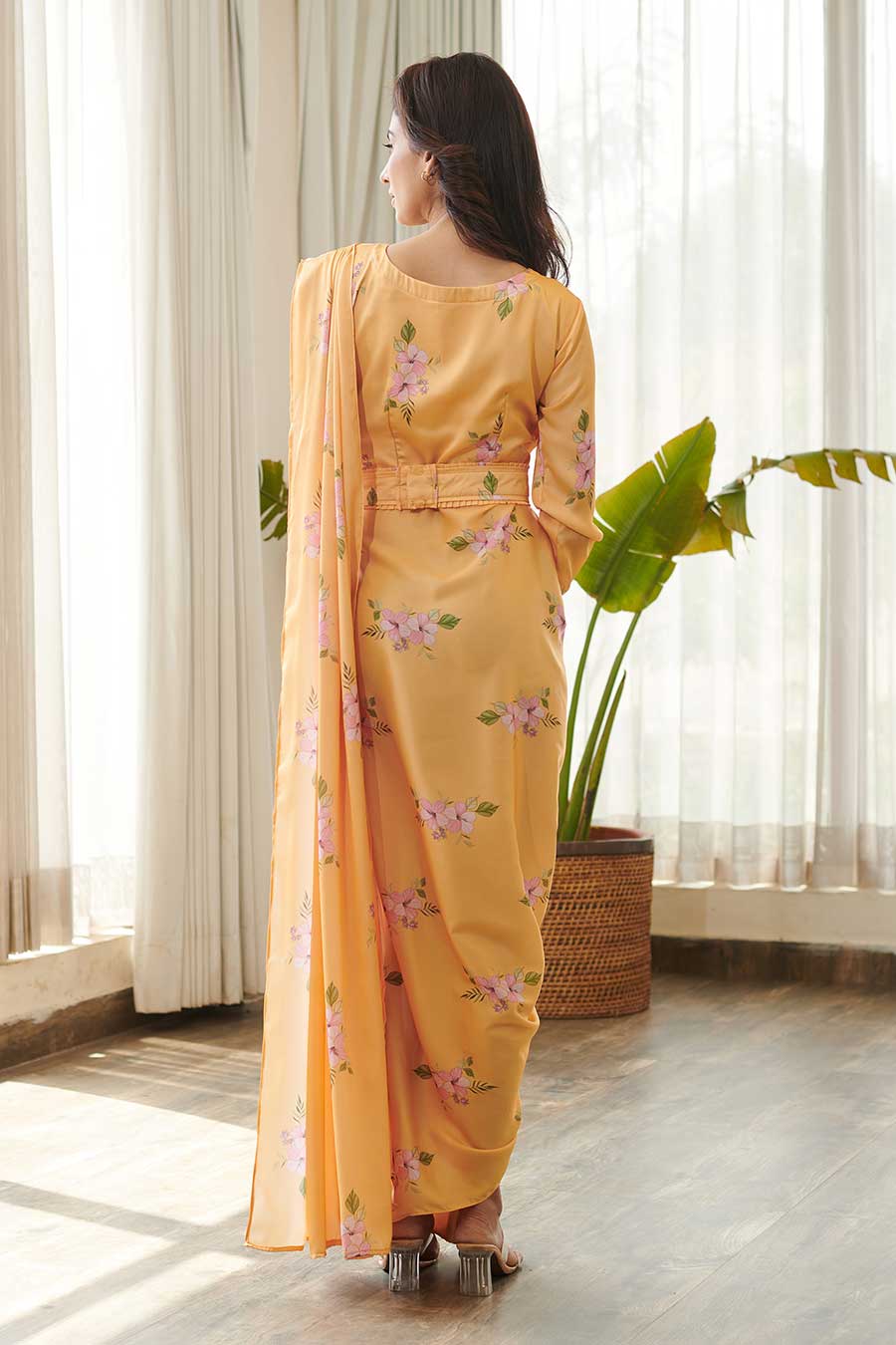 Yellow Floral Print Draped Saree Dress