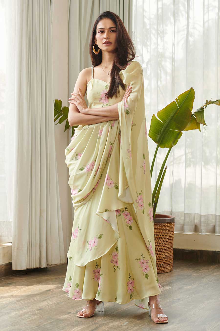 Summer Green Floral Print Ruffle Saree Dress