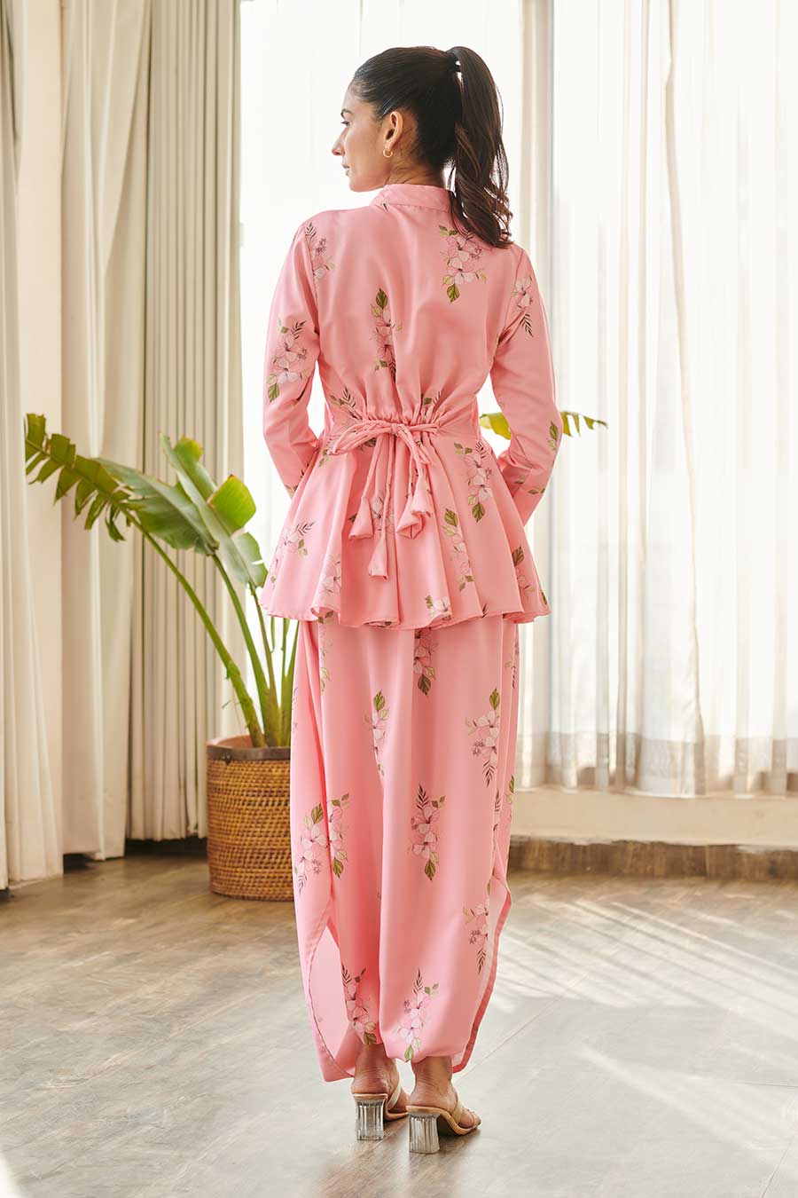Pink Floral Print Peplum Dhoti Jumpsuit