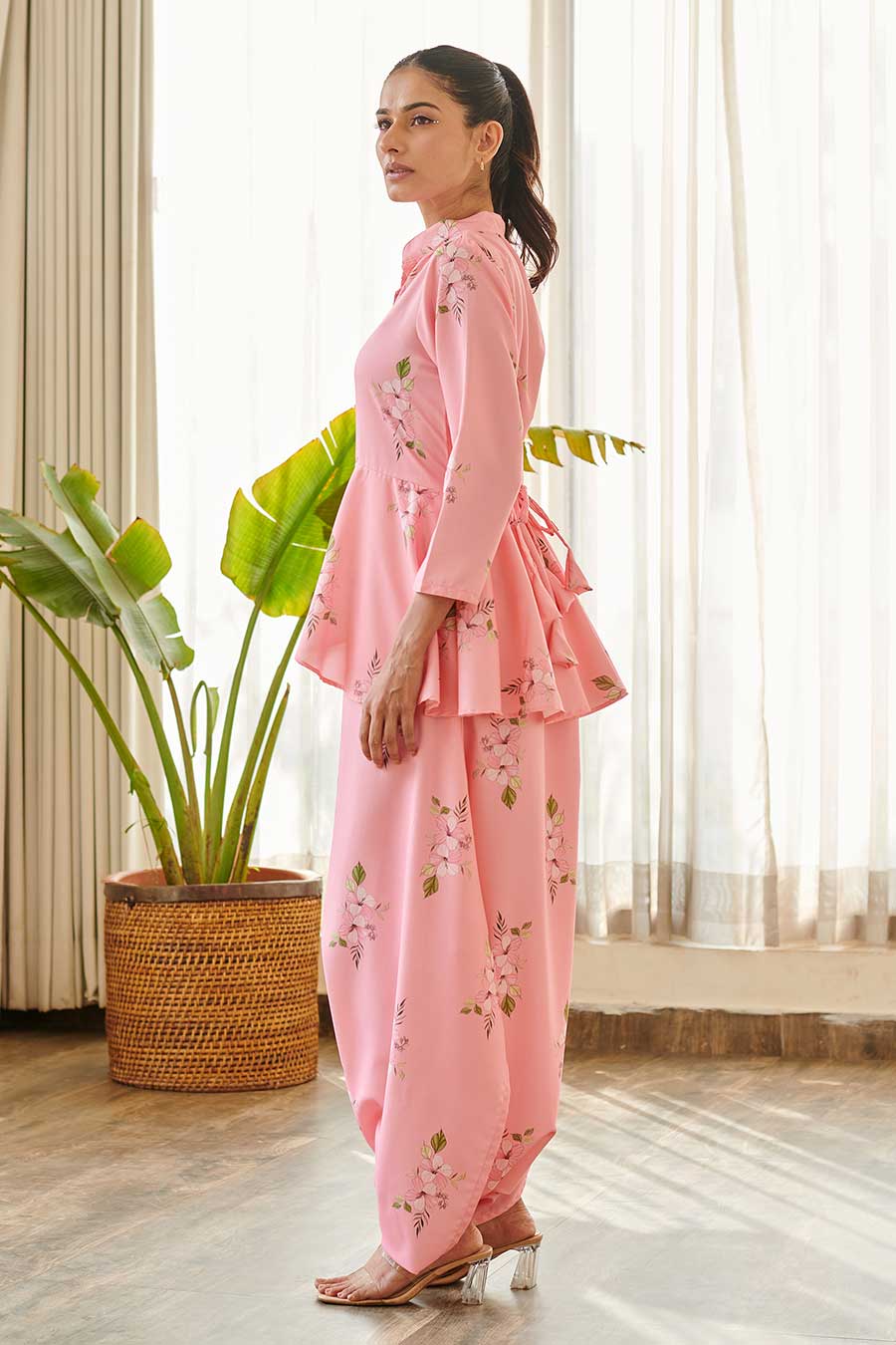 Pink Floral Print Peplum Dhoti Jumpsuit