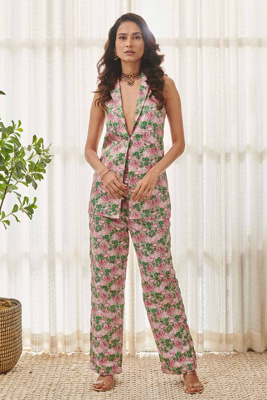 Mocha Brown Floral Printed Blazer Pant Set - Main Image