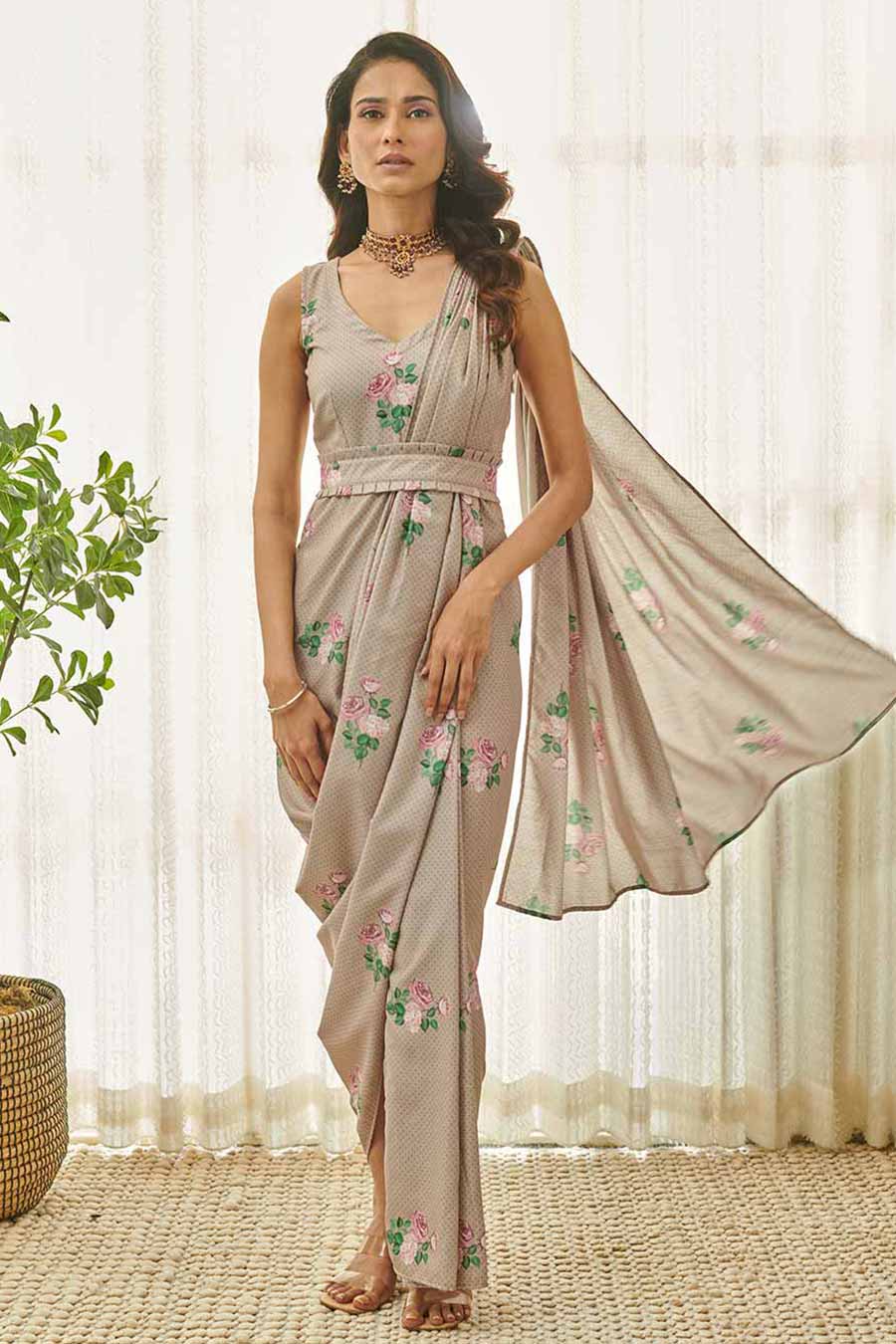 Mocha Brown Polka Dot Saree Dress1