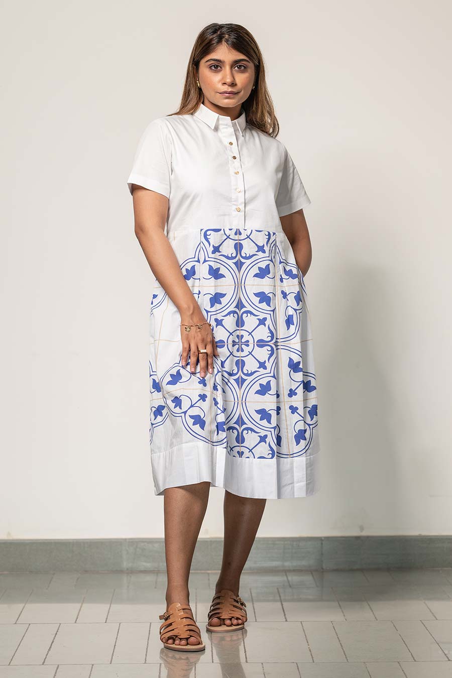 White Printed Classic Tile Shirt Dress