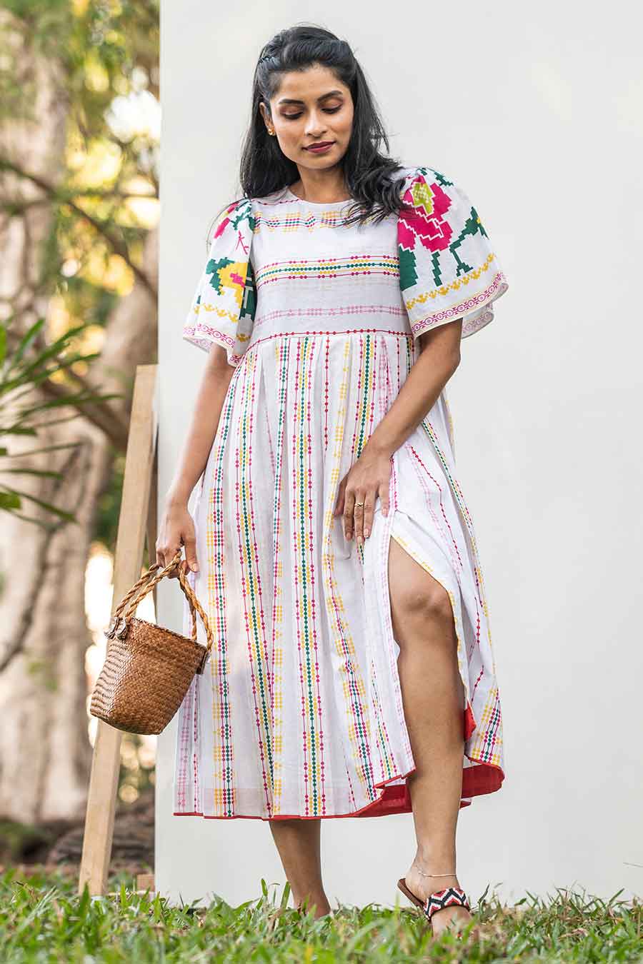White Printed Lines Midi Dress