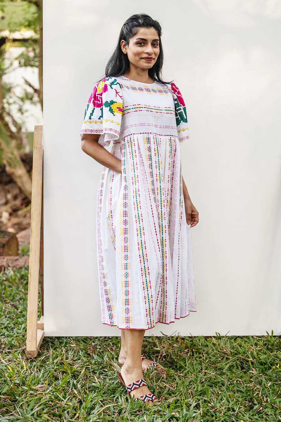 White Printed Lines Midi Dress
