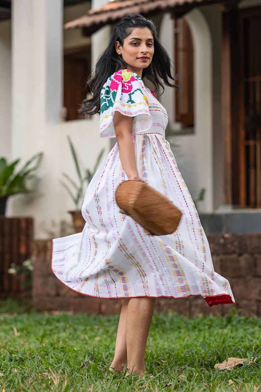 White Printed Lines Midi Dress