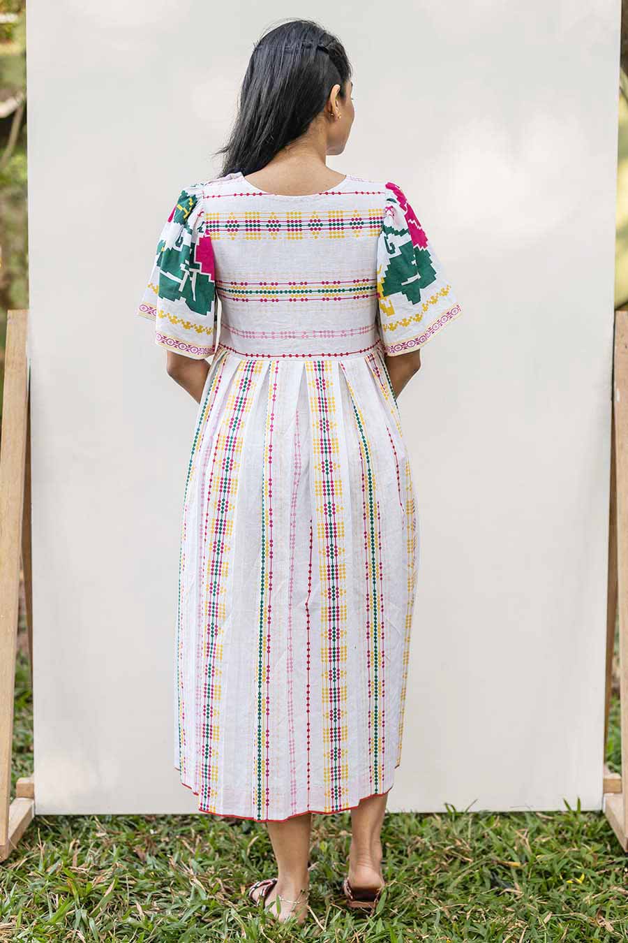 White Printed Lines Midi Dress