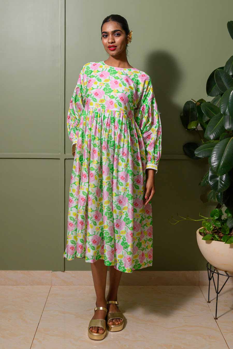 White Moonflower Printed Drop-Shoulder Dress