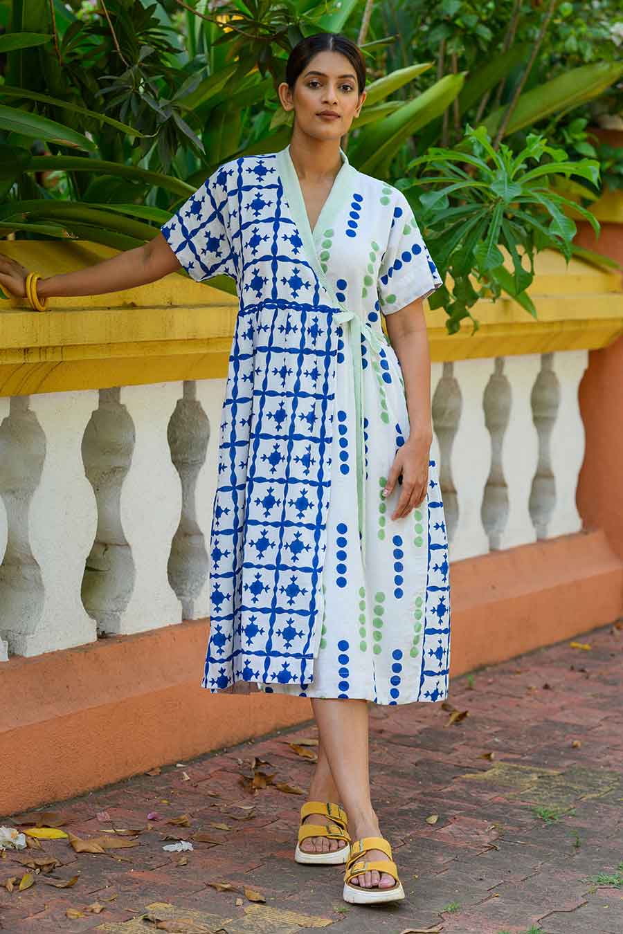 White Agueda Handblock Print Overlap Dress