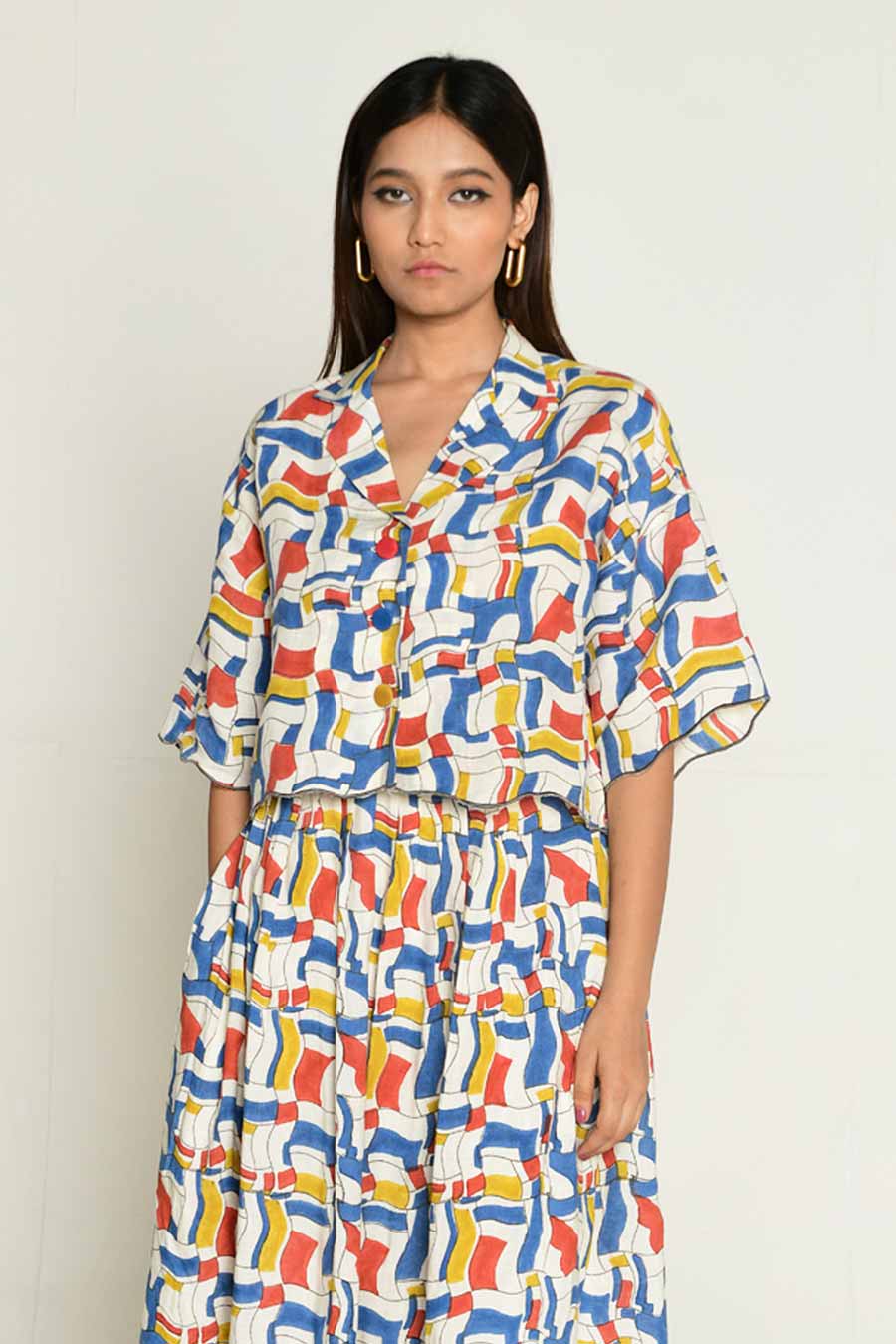 Multicolour Block-Printed Crop Shirt
