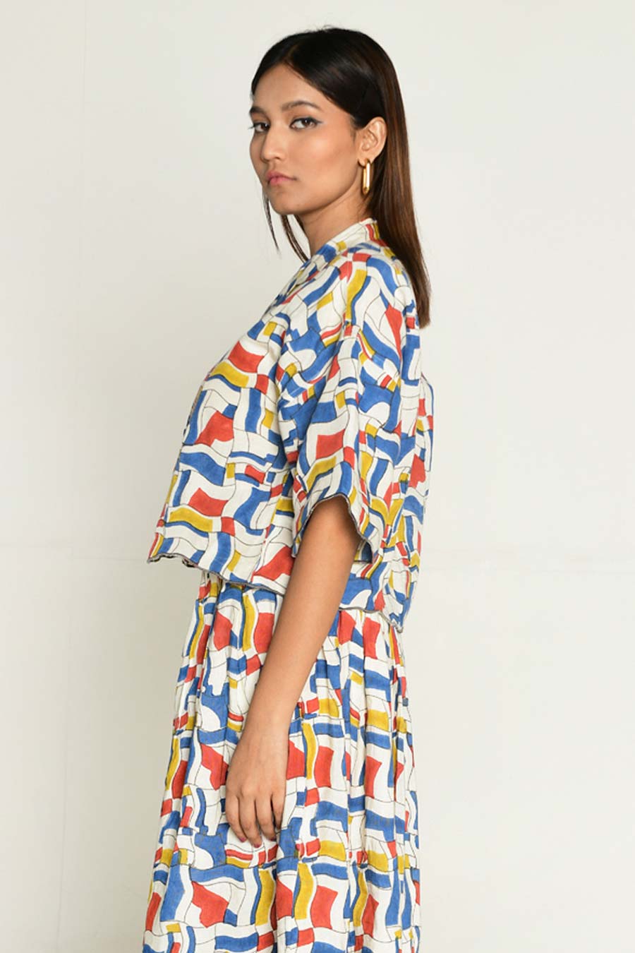 Multicolour Block-Printed Crop Shirt