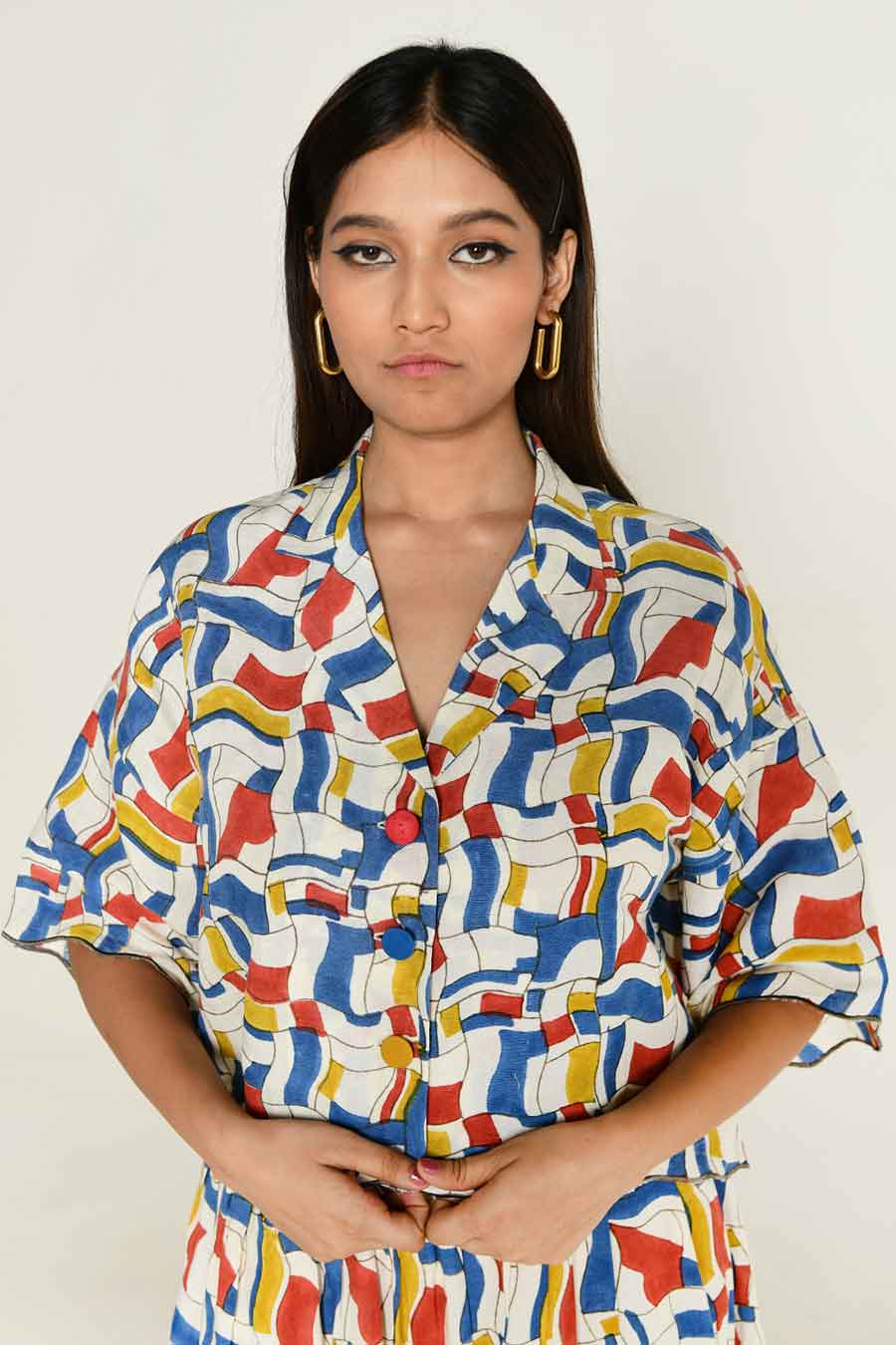 Multicolour Block-Printed Crop Shirt
