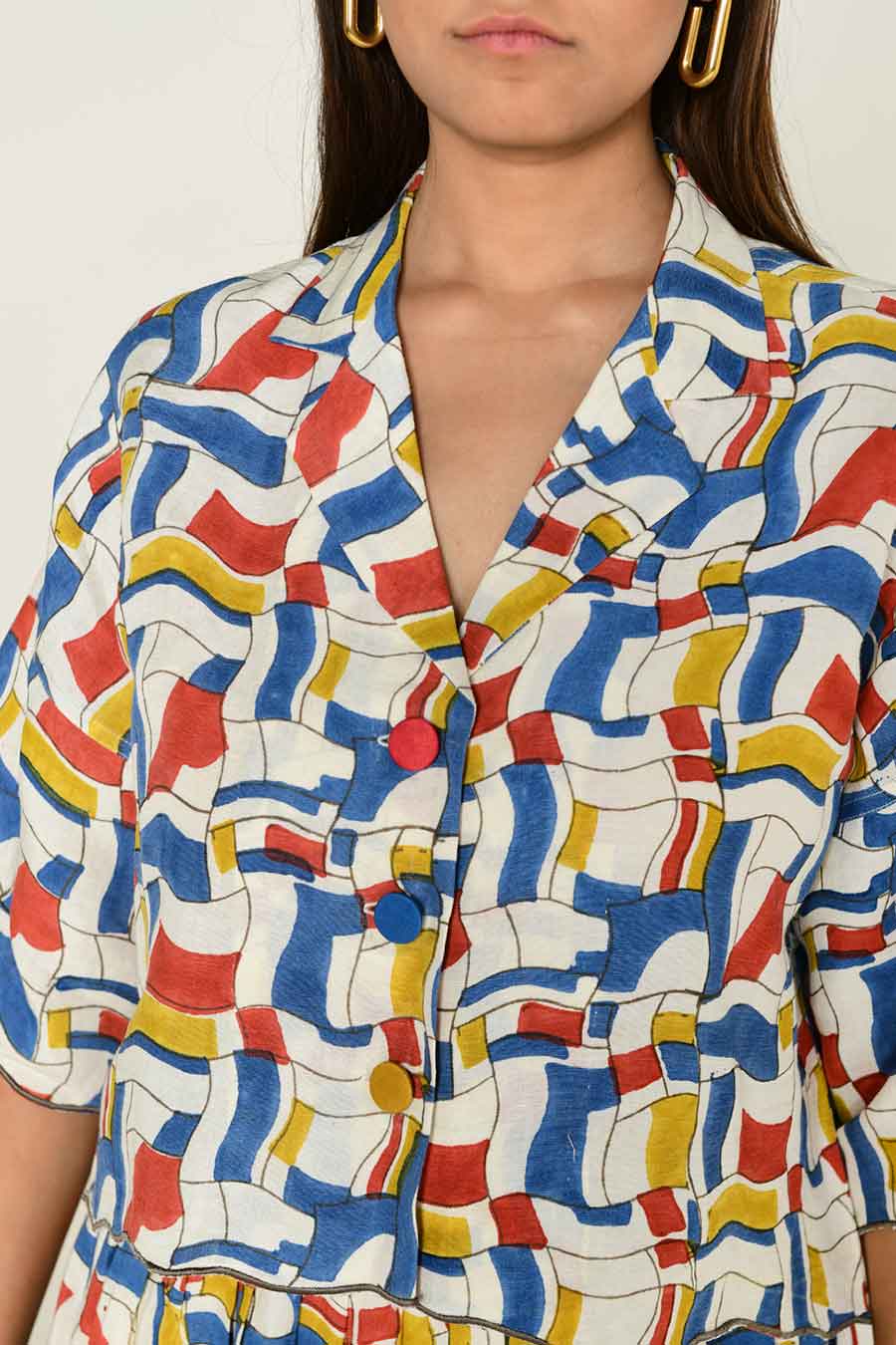 Multicolour Block-Printed Crop Shirt