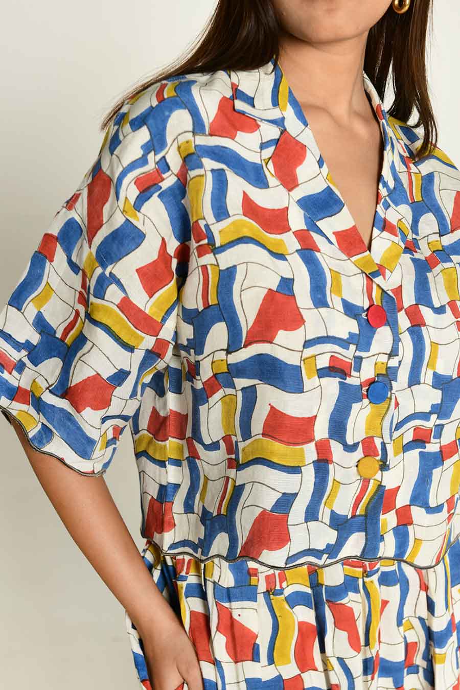 Multicolour Block-Printed Crop Shirt