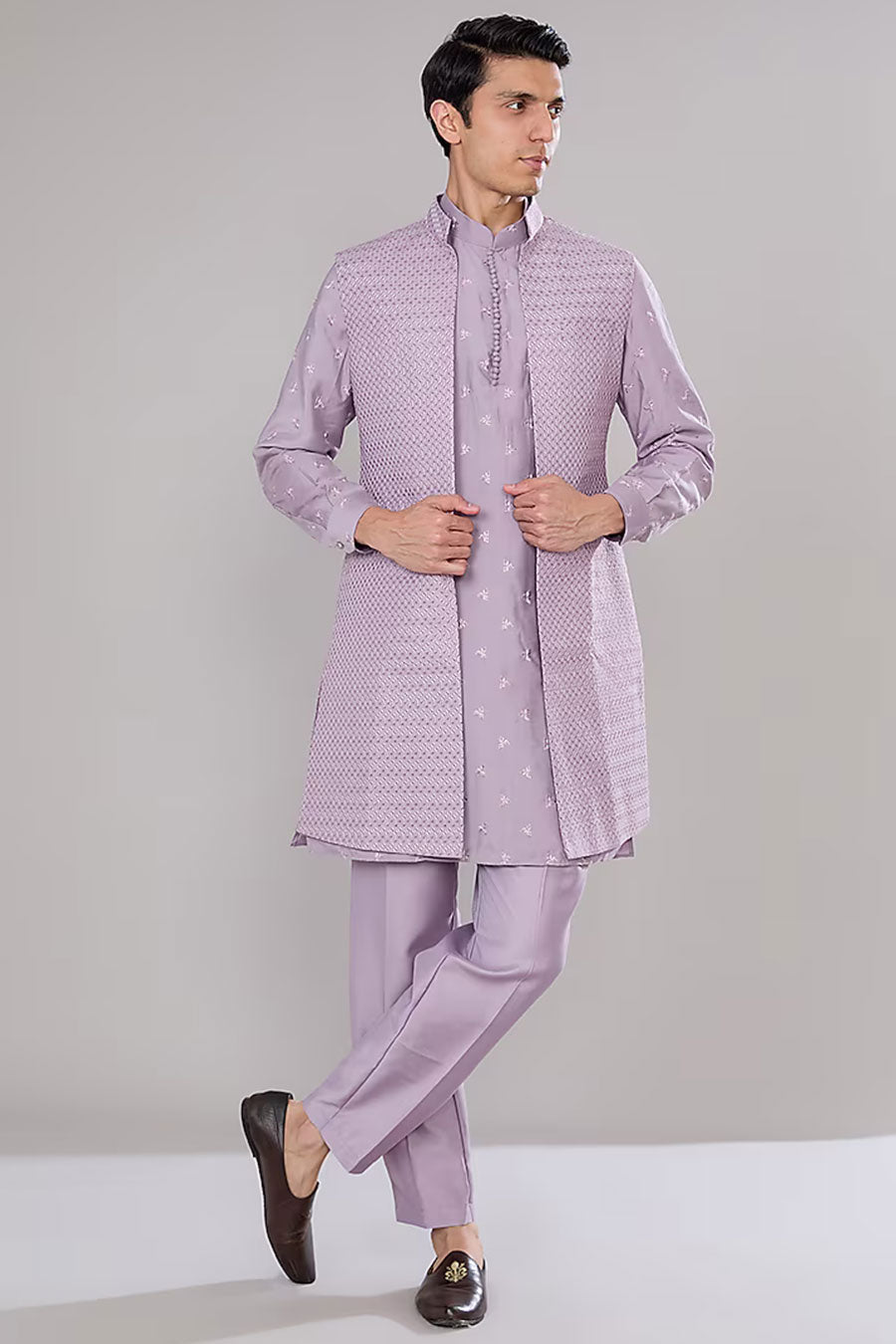 Lavender Kurta Set With Embroidered Long Jacket