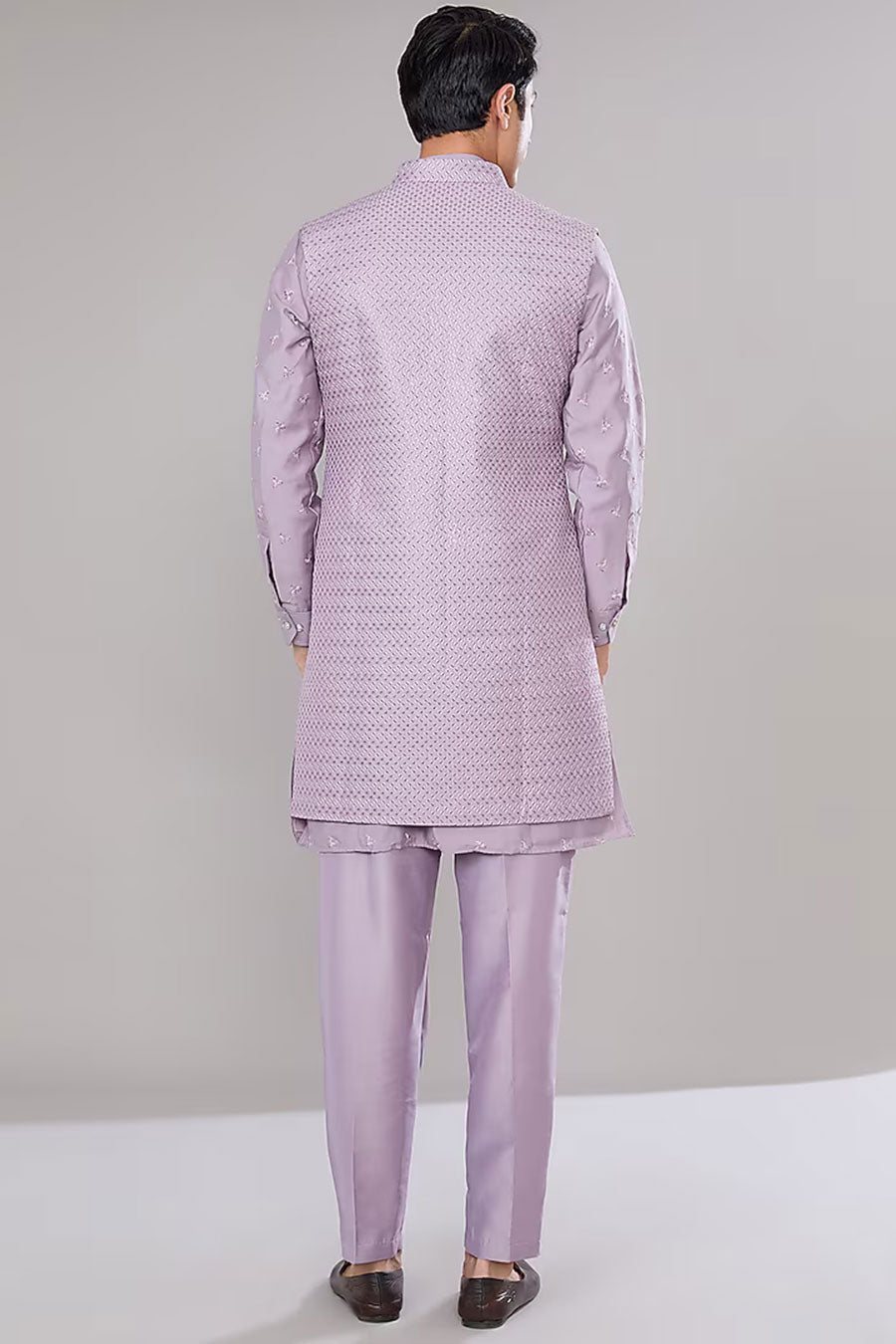 Lavender Kurta Set With Embroidered Long Jacket