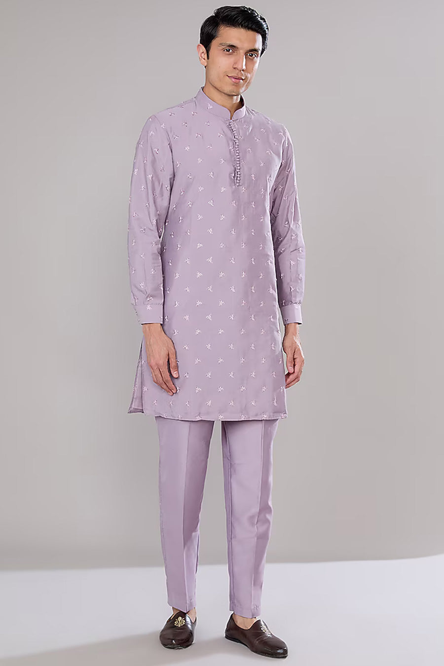 Lavender Kurta Set With Embroidered Long Jacket